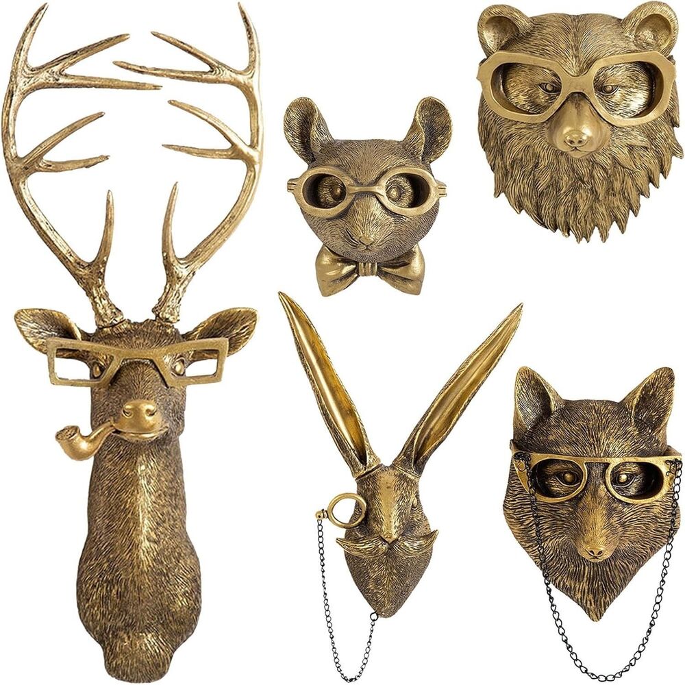 Gold Animal Head Wall Decor Set 5pcs Vintage Faux Sculptures Home Wall Art Decor